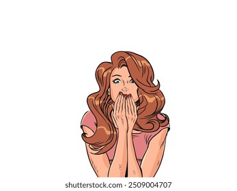 The woman looks at the camera in surprise, covering her mouth with her hands. Shock from a profitable offer for customers. The girl is slightly frightened. Comic cartoon pop art retro vector