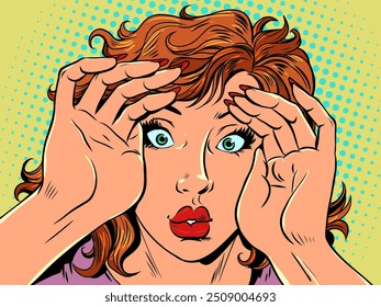 The woman looks carefully, covering her eyes with her hands. Look at the best deals on the market. Finding what a girl wants.