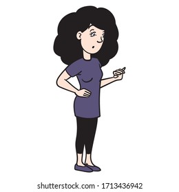 woman looks down in surprise. whole body, emotions, cartoon, illustration, cartoon, feelings.