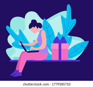 Woman looks at her laptop and orders a gift online. Placing an order via the Internet. Concept. Flat design. Vector illustration.