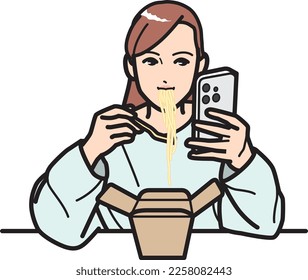 A woman looks at her phone while eating pasta from a takeout box.