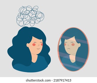 Woman looks to her real reflection. Girl with tangles thoughts sees her true feelings in the mirror. Breakdown in the relation between thought and emotion. Schizophrenia, bipolar, mental health. 