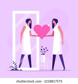 Woman looks at her reflection in mirror, expressing self love and care. Love yourself. Love your body. I love myself. Body positive concept. Modern flat cartoon style. Vector illustration