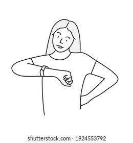 The Woman Looks At Her Watch. Hand Drawn Vector Illustration.