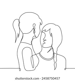 woman looks hypnotized into the face of a tall woman who is taller than her - one line art vector. concept woman in love, heed someone else's word, height difference . Handmade vector not AI