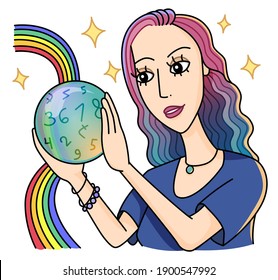 A woman looks into a magic ball with numbers. Numerologist. Predicting the future. Search for answers to mystical questions. Vector graphics