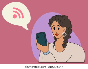 Woman looks into the phone. Girl connected to wi-fi through the phone. Vector illustration.