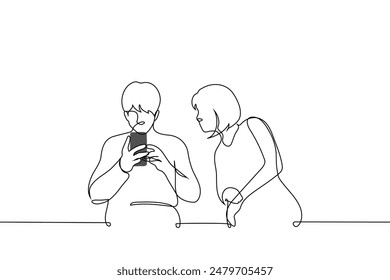 woman looks into the phone screen of a man sitting next to her - one line art vector. concept a stranger peeps into your correspondence, a jealous and suspicious woman. Handmade vector not AI