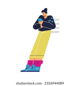 A woman looks into a smartphone, waiting for something. Vector doodle bright color illustration. Cartoon disproportionate character isolated on white background. Deadlines concept