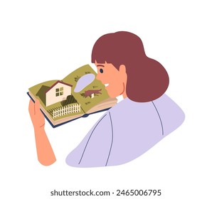 Woman Looks Joyfully At A Photo Album With Illustration Of A Cozy House On Its Open Page, Evokes Feelings Of Nostalgia