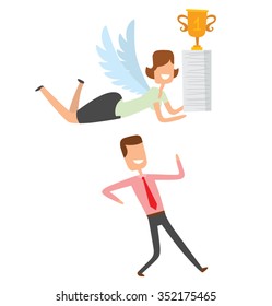 Woman looks like an angel helps businessman. Businessman walks and very proud himself. Office angel flies above him and wears all his works and prize. vector illustration