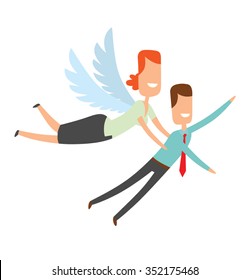 Woman looks like an angel helps businessman. Office angel carries businessman to the top, to success. Businessman wears blue shirt and red necktie. vector illustration