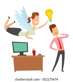 Woman looks like an angel helps businessman. Business stands and thinks near his work place. Office angel gives to him a new, shiny idea. vector illustration