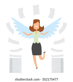 Woman looks like an angel helps in the office. She sorts documents from one folder to another with special office magic, vector illustration