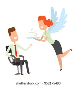 Woman looks like an angel helps businessman. Businessman sits in a chair and office angel gives to him a cup of coffee. Businessman wears white shirt, black trousers, red necktie. vector illustration