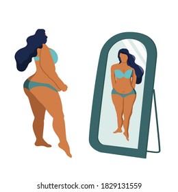 A woman looks in the mirror, checking if she has lost weight. Dysmorphophobia, self-loathing, dissatisfaction with the concept of appearance. Vector drawing of a young chubby girl, flat vector