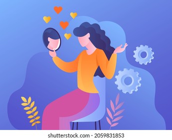 Woman looks at mirror. Narcissist, young girl looks after her appearance. Attractive brunette, makeup. Selfacceptance and confidence. Cartoon flat vector illustration isolated on white background