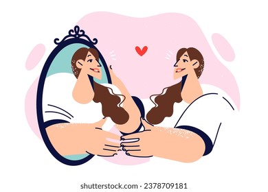 Woman looks in mirror rejoicing to see herself reflected, for concept of narcissism and self-admiration. Girl practices speaking standing in front of mirror, before declaring love to guy she likes. svg