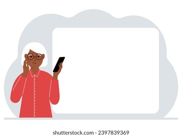 A woman looks at a mobile phone. Reads SMS, news or social networks. Large white sheet for text.