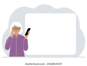 A woman looks at a mobile phone. Reads SMS, news or social networks. Large white sheet for text. Vector flat illustration