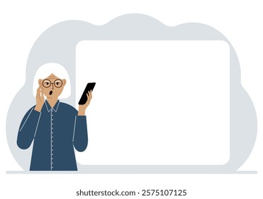 A woman looks at a mobile phone. Reads SMS, news or social networks. Large white sheet for text. Vector flat illustration