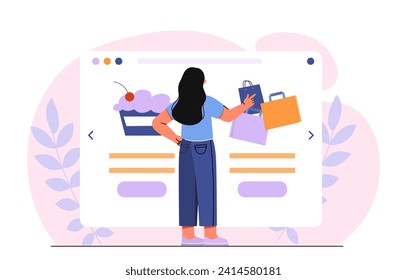 Woman looks at mobile websites. Young girl with online shopping and electronic commerce. Character with webpage template, internet user. Cartoon flat vector illustration isolated on white background