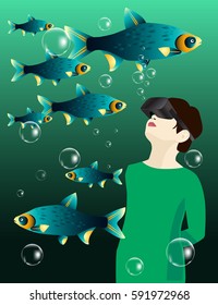 A woman looks on fishes in VR goggles. Virtual reality.