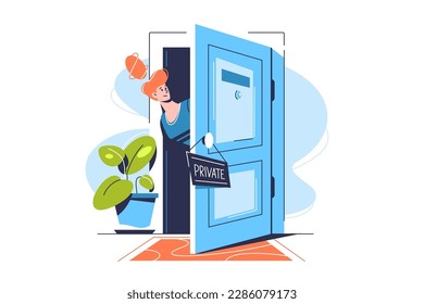 A woman looks out from behind a door on which a sign hangs Private, vector illustration. Privacy concept.