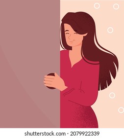 Woman Looks Out Of Door. Metaphor Of Curiosity, Character Spying. Friendly Neighbor, Attentive Girl. Pretty Person Looking Something Outside. Apartment, Home, Room. Cartoon Flat Vector Illustration