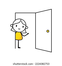 Woman looks out through the open door. Vector stock illustration