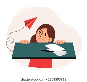 A woman looks out from under the table. The concept of a business idea, startup, organization, brainstorming. Vector illustration isolated on a white background