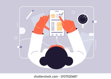 Woman looks in phone on table vector illustration. Girl scroll through social media profile flat style. Cup with desk on table. Leisure, technology concept. Isolated on grey background