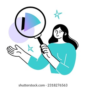 Woman looks at a piece of pie chart with a magnifying glass