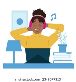 A woman looks relaxed while listening to the music in flat illustration