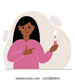 A woman looks sadly at a positive pregnancy test result. Vector flat illustration
