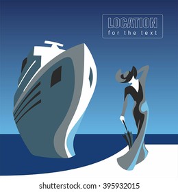 A woman looks at a ship. Vector with gradient. Space for text.