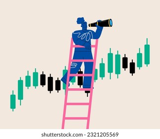 Woman looks from a stepladder through binoculars at a Forex chart. Colorful vector illustration
