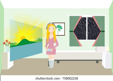  Woman looks at the sunrise mountain landscape projected in the room. Smart screen get a projection of smart phones. Augmented reality. Vector illustration.