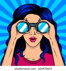 Woman looks through binoculars pop art retro vector illustration. Comic book style imitation.