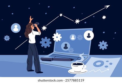 Woman looks through binoculars. Search for startups goals and development prospects. Telescope stars watching. Business growth opportunity finding. Project diagram