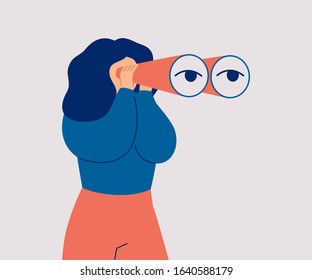 The woman looks through her large binoculars, looking for something. The girl is watching someone closely. Vector cartoon illustration 