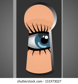 Woman looks through a keyhole