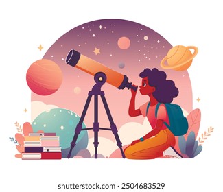 Woman looks through telescope. Sky, planets, stars. Visitor to astronomy museum. Cute flat style