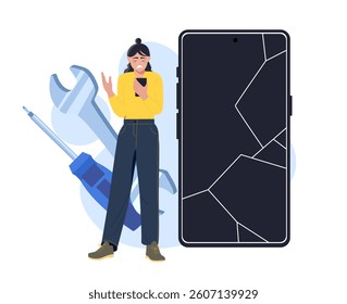 Woman looks upset at broken smartphone screen, large wrench and screwdriver in background on white, concept of mobile device repair. Vector illustration