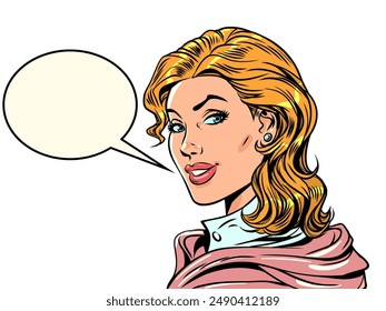 The woman looks at you and speaks into a cloud. Offers a choice for the client. Notifications about company news and promotions. Pop Art Retro Vector Illustration Kitsch Vintage 50s 60s Style. On a