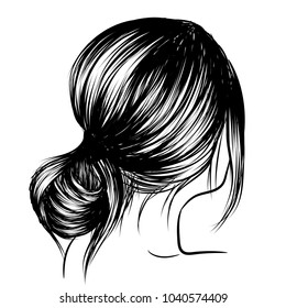 Woman with loose classic bun. Illustration of business hairstyle with natural long hair. Hand-drawn idea for gretting card, poster, flyers, web, print for t-shirt. 