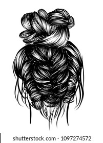 Woman with loose classic bun. Illustration of business hairstyle with natural long hair. Hand-drawn idea for gretting card, poster, flyers, web, print for t-shirt. 