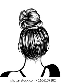 Woman with loose classic bun. Illustration of business hairstyle with natural long hair. Hand-drawn idea for gretting card, poster, flyers, web, print for t-shirt. 