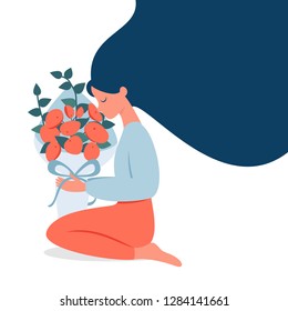 A woman with loose hair holds a bouquet in her hands and enjoys the aroma of flowers. Vector illustration