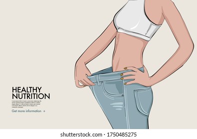 Woman lose weight, nutrition diet thin body, sport flat stomach, Perfect waistline. Girl wide jeans self care illustration. Female figure after keto diet fashion vector illustration. Lifestyle sketch